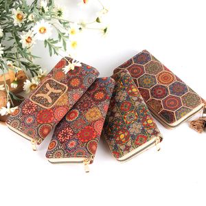 DHL30PCS محافظ Lady Cork Leather Geometry National Printing MultiFunctional Long Card