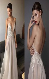 2020 Novo Marfim Berta Vestidos de Noite Profundo Decote Em V Spaghetti Bordado Chiffon Backless Verão Ilusão Longos Vestidos de Baile 29464240