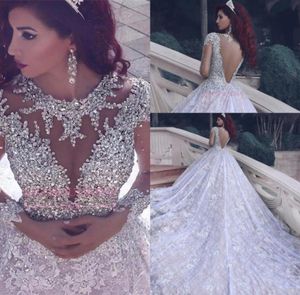 Luxury Oneck Long Sleeves Lace Ball Gown Wedding Dresses Arabic Beaded Crystals Vestidos De Noiva Wedding Gowns Robe De Mariage B5490165