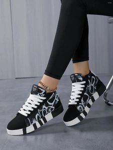 Casual Shoes Unisex High Top Skate With Graffiti Pattern Black-white Classic Colors Front Lacing Closure Ideal For Outdoor Acti