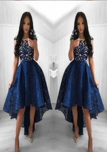 2021 Vintage Navy Blue Lace Cocktail Dresses Neck High Low Short Party Prom Gowns Homecoming Dresses Arabiska Vestidos Evening Dress7036117