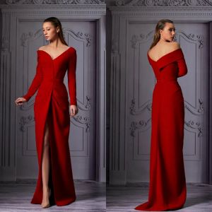 eleganta röda aftonklänningar från axel långärmad promenad klänning främre split golvlängd röd mattan festklänning klänning de marie