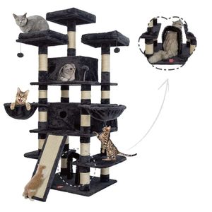 FOOWIN 68-дюймовое многоуровневое дерево, высокая башня для нескольких кошек, 2 большие щетки для кошачьей шерсти в кондоминиуме, большое кошачье дерево с 3 плюшевыми жердочками, когтеточки для котят