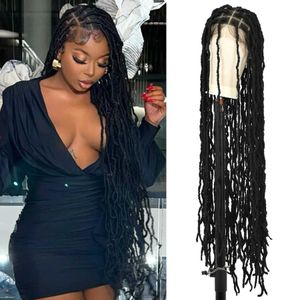 Synthetic Wigs Kalyss 40 Inches Full Double Lace Front Square Knotless Locs Braided Wigs for Black Women Loc Braid Wig With Baby hair 240328 240327