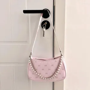 Totes xiuya rosa bolsa de ombro feminina elegante bonito arco pérola correntes bordado bolsa casual couro coreano moda feminina