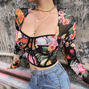 Women's T Shirts Fashon Vintage Square Collar Tops Rose Print Transparent Sexy Women Long Sleeve Shirt Office Lady Bodycon Tees 2024 Summer