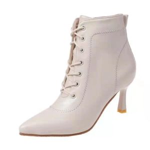 Boots 2024 new genuine leather boots women lace up stiletto high heels ankle boots ladies dress wedding shoes black Autumn and Winter