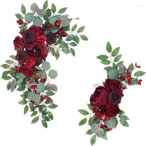 Decorative Flowers Artificial Flower Row For Wedding Background Garland Decoration Welcome Card Logo Props Party Layout Arch Wine Red 2Pcs