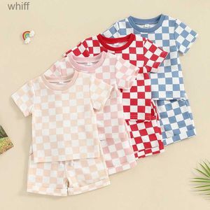 Clothing Sets 2023-12-19 Lioraitiin 0-3Y Toddler Baby Girl Summer Short Outfit Checkered Plaid Short Sleeve T-shirt Drstring Shorts SetC24319