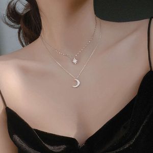 Starry Moon Double Layer Necklace for Women - 2024 New Trendy Octagonal Star Collar Chain
