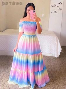 Grundläggande avslappnade klänningar Jastie Rainbow Long Dress Fashion Sexig Off Axel Tryckt Maxi Dresses Boho Retro Party Evening Vestidos 24319