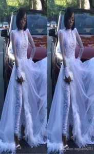 White Women Jumpsuit With Detachable Train High Neck Lace Appliqued Crystal Long Sleeve Prom Dress Luxury Feather Formal Evening G3625492