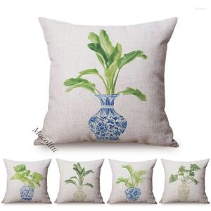 Travesseiro Estilo Chinês Azul e Branco Porcelana Floral Padrão Capa Folha de Bananeira Decorativa Sofá Almofadas Cama Fronha