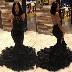 Black Girl Sexy Backless Sirena Abiti lunghi da ballo Halter Illusion Tulle Applique Perline Strati di piume Sweep Train Abiti da sera BC1273