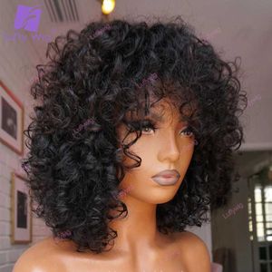 Synthetic Wigs Short Bouncy Curly Bob Wig Brazilian Remy Funmi Curly Human Hair Wigs With Bangs Scalp Top 180 Density Bang Wig For Black Women 240328 240327