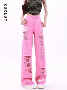 Calças de brim femininas kuciut rosa rasgado para mulher 2024 cintura alta moda baggy calças jeans retas streetwear vintage calças casuais
