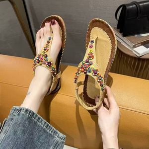 2024 Summer Sandals Fashion Cute Fairy Wind Beautiful Casual Outdoor Comfortable Flat Beaded Beach Shoes Size 36-43