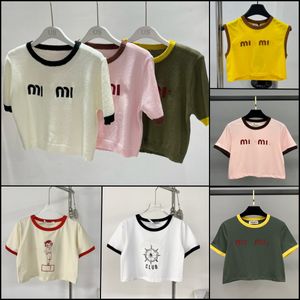 カラーブロッキング3D刺繍短い袖のTシャツ2024夏の新しいクラシックラウンドネックフロントショルダーTシャツ女性u u