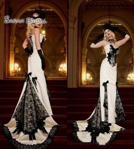 2019 Vintage Long White Satin Mermaid Bride Dress Black Lace Bows Sexy Evening Wear Formal Gown Highend Wedding Boutique2440488