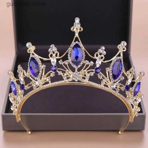 Tiaras Vintage Gold Hair Jewelry Blue Crystal Rhinestone Diadems Tiaras And Crowns Queen Princess Wedding Hair Accessories Headdress Y240319