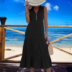 Lässige Kleider, einfarbiges Kleid mit V-Ausschnitt, elegantes Midi-Kleid mit V-Ausschnitt und Knopfdekor, A-Linien-Saum für Damen, weich, fließend, Urlaub, Strand pur