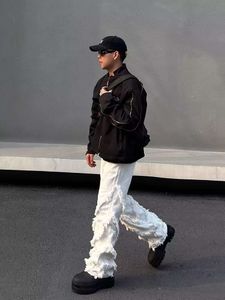 American Style High Street Vibe Structural Design with Raw Edge Jeans, Men's Hiphop Straight Leg High-end Long Pants