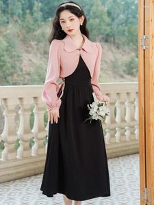 Vestidos de trabalho outono outfits casual francês doce conjunto de duas peças feminino rosa topo preto retro moda cinta vestido terno estilo faculdade senhoras