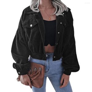 Women's Jackets Woman Lantern Sleeve Corduroy Jacket Cropped Bomber Turn-down Collar Button Single Breasted Outwear