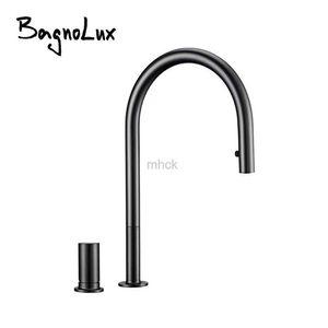 Faucets Pull Down Kitchen Sink Brushed Gunmetal Black Single Handle Double Hole Hot And Cold Brass Top Mounted 240319