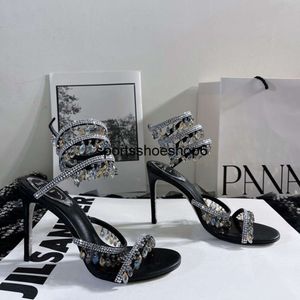 Сандалии Rene caovilla Сандалии с кристаллами, украшенные кристаллами, кожаные туфли на шпильке Вечерние туфли женские на каблуке Роскошные дизайнеры Фабрика обуви с запахом до щиколотки
