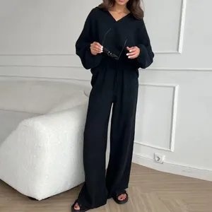 Women's Two Piece Pants Lapel Collar Suit Casual Two-piece Set With Wide Leg Stylish V Neckline Top Elastic Waist For Spring