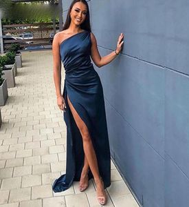 Navy Blue High Side Split Sexy Prom Dresses Ruched One Shoulder Long Maid of Honor Dress Cheap Bride Party Evening Gowns8464550