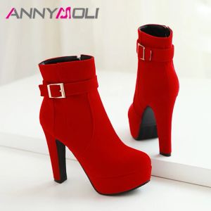 Stövlar Annymoli Extreme High Heel Ankle Boots Women Boots Platform Spike Heel Shoes Zip Short Boots Ladies Autumn Winter Red 43