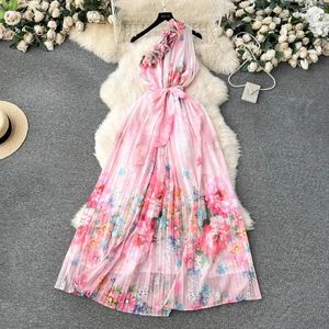 Casual Dresses Chic Summer Bohemian One Shoulder Holiday Dress Women Ruffles Off Floral Print Belt Lace Up Long Robe Pleated Vestidos