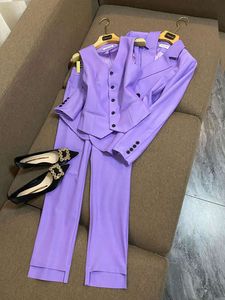 2024 Autumn Purple Solid Kolor Dwuczęściowe spodnie Zestawy do podcięcia Lapel z długim rękawem blezerowe blezer