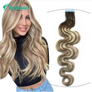 Extensões t4 10/613 fita de onda corporal em extensões de cabelo humano balayage noz marrom a cinza marrom e lixívia fita loira em extensões 1226