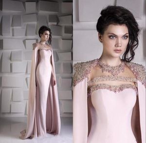 2022 Arabic Dubai Mermaid Pink Evening Dresses Wear for Women Jewel Neck Crystal Beaded With Cape Wraps Floor Length Prom Dress Pa3807514