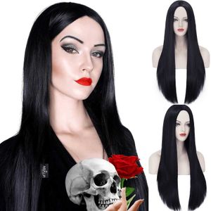 Syntetiska peruker Lång svart peruk för Morticia Addams Costume Cher Costume Halloween peruk för 70 -talets häxdräkt peruk för kvinnor 240328 240327