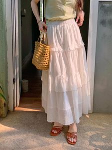 Kjolar 2024 Summer Korean Fairy Clothes Womens White Long Cake A Line For Japense Style Pleated Midi Female (X2907