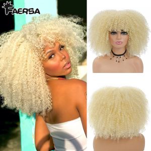 Parrucche Capelli corti Parrucche ricci afro crespi con frangia per le donne nere Bionda africana sintetica Ombre Glueless Parrucca cosplay ad alta temperatura