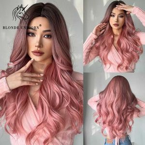 Perucas sintéticas loira unicórnio sintético longo ondulado peruca raiz escura ombre rosa para mulheres cosplay festa diária perucas de fibra resistente ao calor franja cabelo 240329