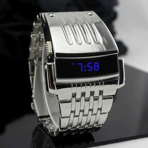 Relógios de pulso moda azul LED display largo banda de aço inoxidável homens relógio de pulso digital presente 24319