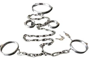 Bondage Collar Wrist Ankle Cuffs Siamese Stainless Steel Heavy Duty Chains Harness Bondage Gear Adult Slave BDSM Set3921851