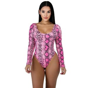 Sexiga tryck kvinnor lekar långärmad mönster snakeskin playsuit som säljer bomullsskinn bodysuits övergripande 240306