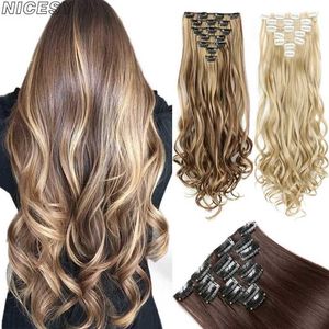 Synthetic Wigs Synthetic Wigs 7Pcs/Set 16 Clips Hair Long Wavy Synthetic Hairpiece Straight Hair Pieces Black Brown mixed color For Women 240328 240327