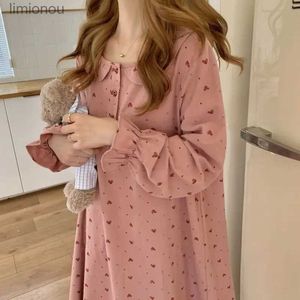 Women's Sleepwear Heart Print Nightgown Sleepwear Womens Korean Style Ruffles Night Dress One Piece Pajamas Autumn Long Sleeve Home Wear New InC24319