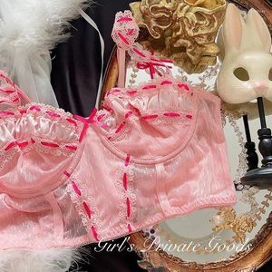 Bras Sets Sex Pink French Lace Brassiere Butterfly Jie Pure Desire Sexy Soft Steel Ring Uphold Shaped Extended Bra Vest Breathable Outwea