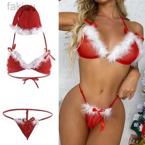 Sexy Set Sexy Santa Dessous Lady Weihnachten Roter Samt Flauschige Bikini-Sets BH G-String Tanga Hut 3-teiliges Bandage Exotisches Set mit Feder 24319