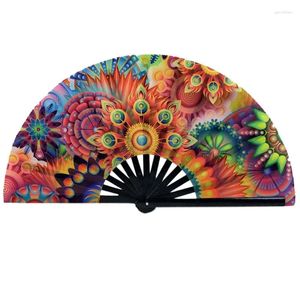 Estatuetas decorativas dobrável ventilador de mão para festival clube feminino masculino roupa festa presente grande bambu raves dobrável bonito