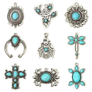 Encantos 5 pçs estilo boêmio pingentes antigo prata cor resina cabochons imitação turquesa cruz flor diy colar jóias